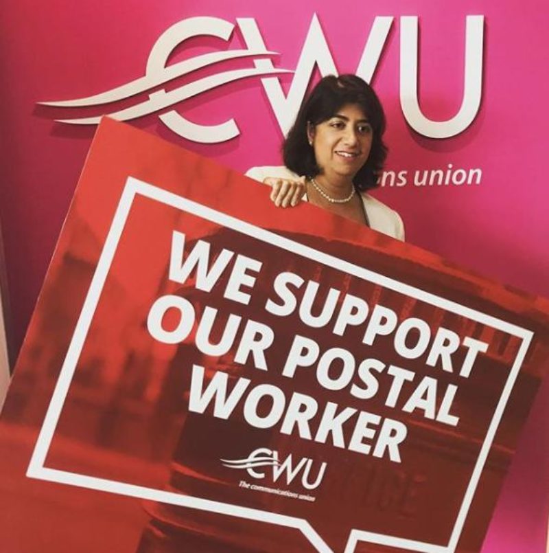Seema Malhotra MP with a CWU sign that says "We Support Our