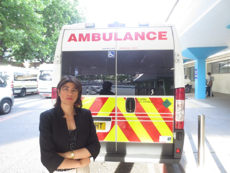 Seema Malhotra with an ambulance