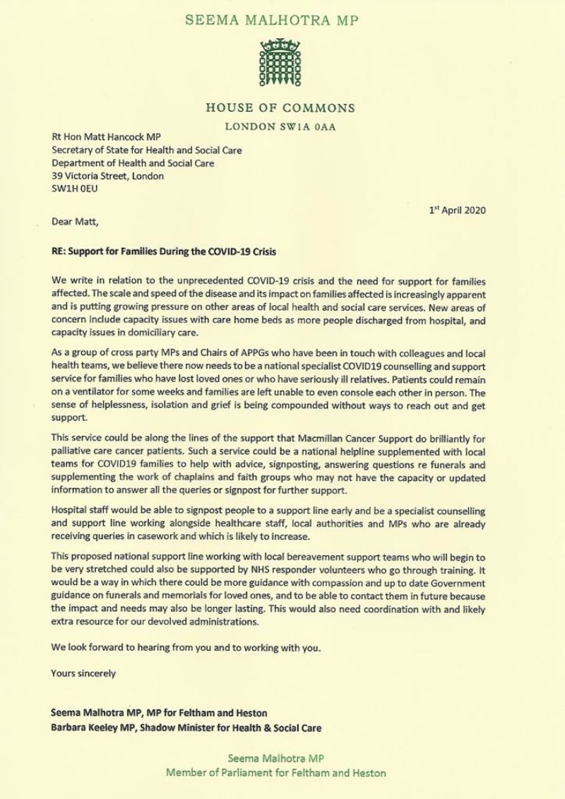 Letter to Health Secretary