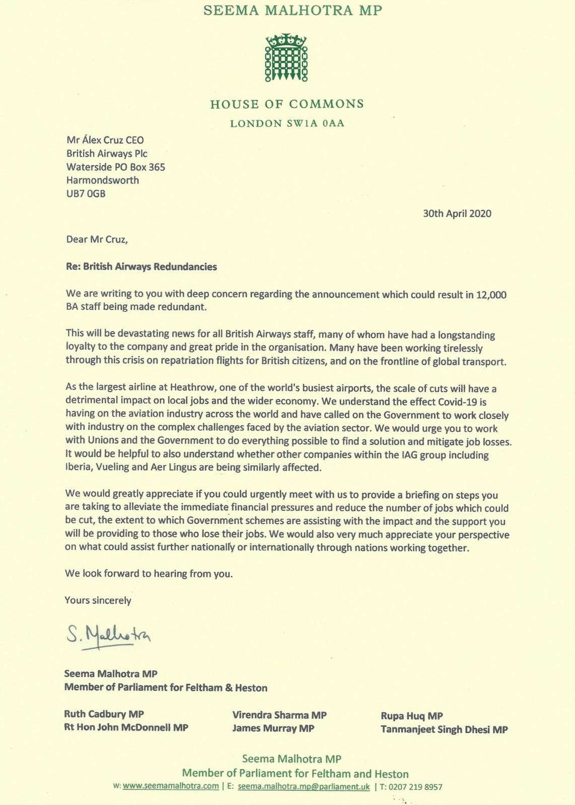 Letter from local MPs to BA Chief