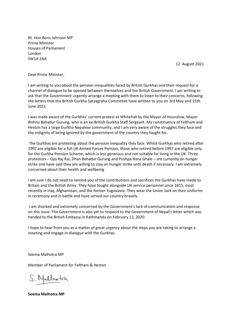 Seema Malhotra MP letter to Boris Johnson on pension inequalities faced by British Gurkhas