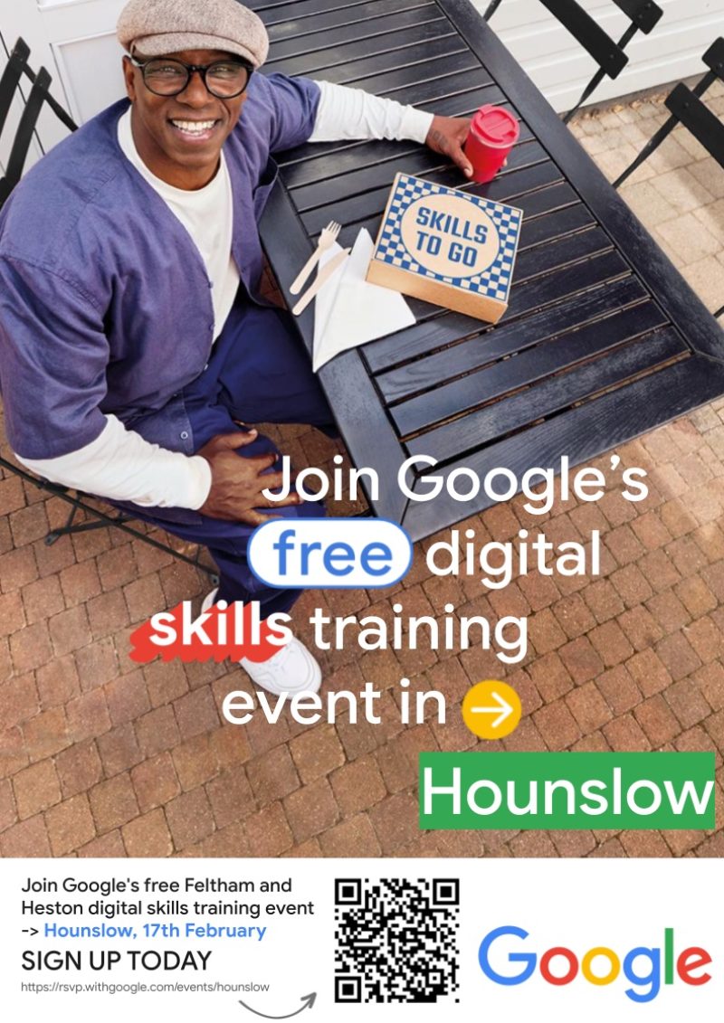A smiling man sits on a picnic bench with a coffee and a to-go box reading "Skills to Go" in front of him. Text superimposed reads "Join Google