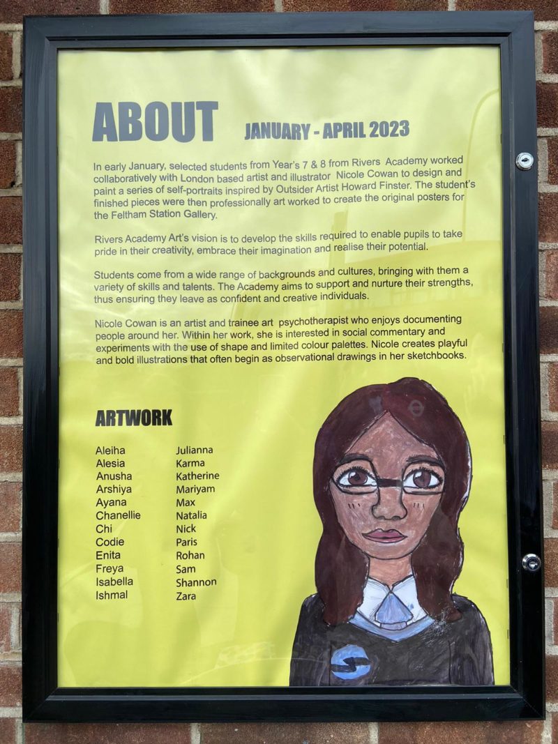 Signage explaining that the artwork was made by Year 7s and 8s at Rivers Academy in collaboration with illustratory Nicole Cowan