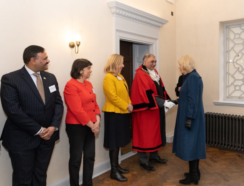 Seema, Ruth Cadbury, MP for Brentford and Isleworth, Cllr Shantanu Rajawat, Leader of Hounslow Council, and Cllr Raghwinder Sidhu, Mayor of Hounslow, meet Camilla, the Queen Consort