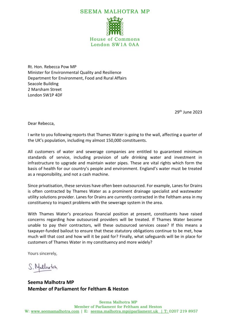 Letter to the Rt. Hon. Rebecca Pow MP, the Minister with responsibility for water. An accessible copy is below.