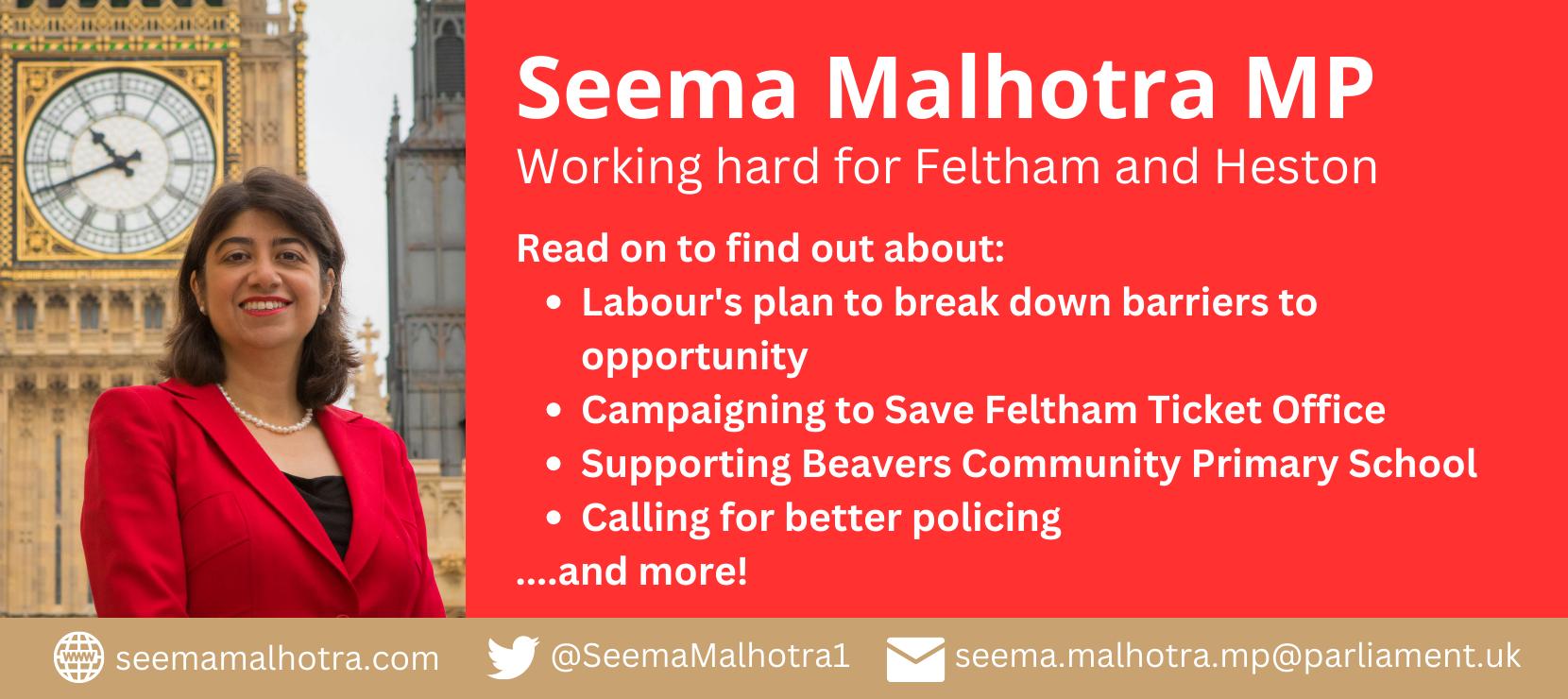 Header image reading "Seema Malhotra MP: working hard for Feltham and Heston. Read on to find out about: Labour