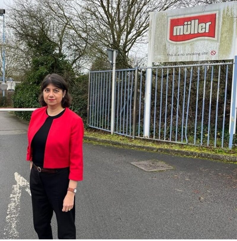Seema Malhotra in front of the Müller plant