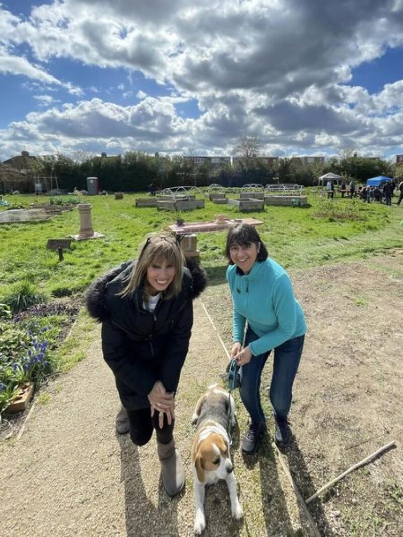 Seema Malhotra MP with a Heston Action Group volunteer and a dog